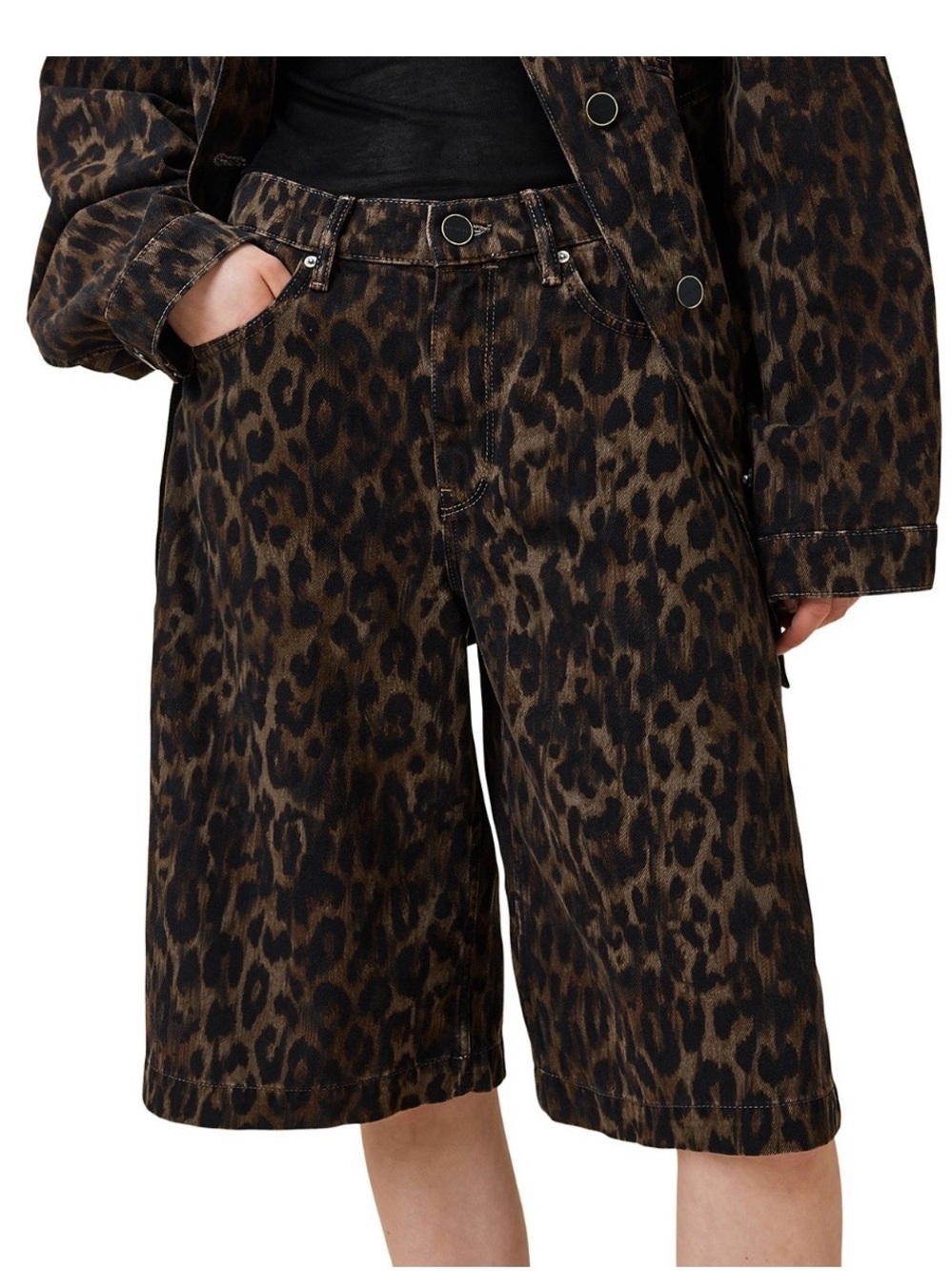 AllSaints Leopard Print Denim Louie Long Shorts
